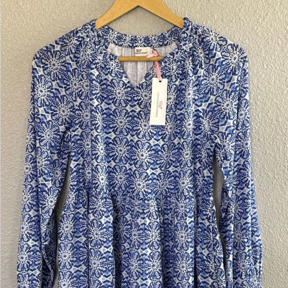 NWT Vineyard Vines Girl's Tessa Tiered Dress Size Large(16) Carribean Tile Blue